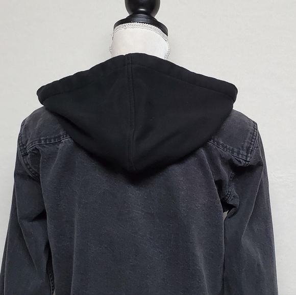 VINTAGE 80s Black Denim Contrast Hood Long Sleeve Button Up Grunge Jacket Medium - Picture 11 of 12